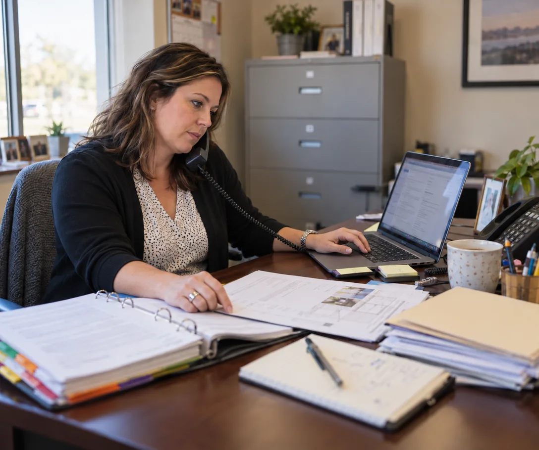 A community association manager on the phone at her desk, an open board binder and paperwork in front of her